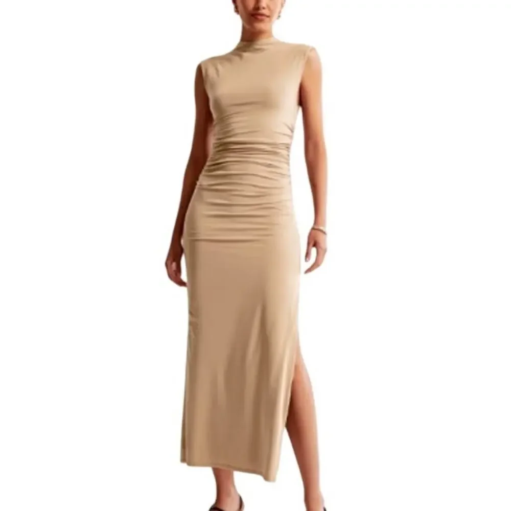 Abercrombie & Fitch Paloma Maxi Dress L Petite Taupe Gray Clean Girl Chic